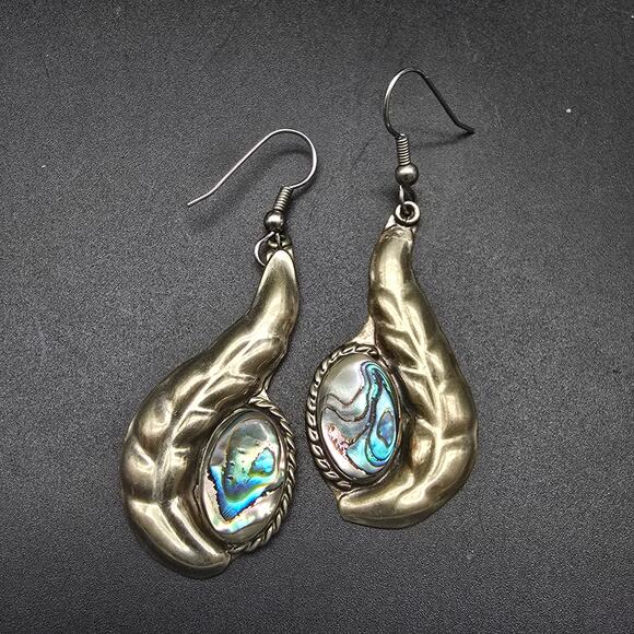 Alpaca Mexico Blue Abalone Shell Earrings Feathers Dangle Drop - Picture 4 of 6